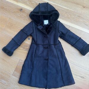 Kids Black Hooded Faux-Shearling Coat